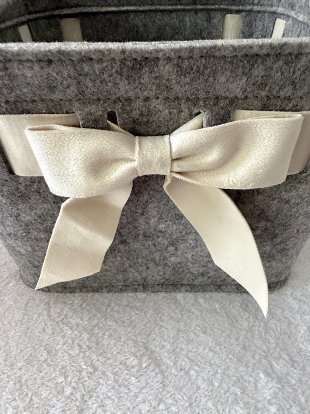 NWOT Gray Felt Storage Basket with Cream Ribbon Bow - Picture 2 of 8